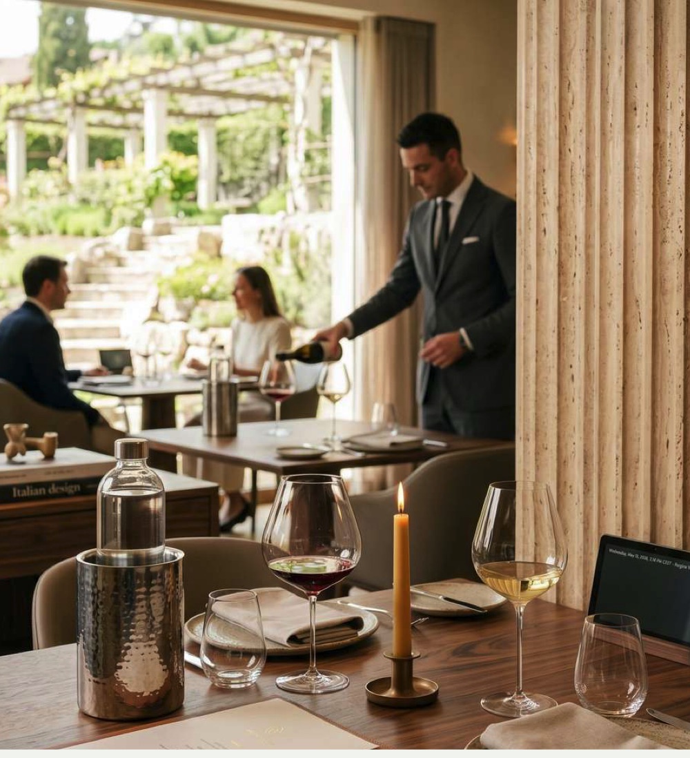 Tavolo di un ristorante con bottiglia d’acqua personalizzata